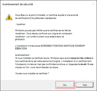 Capture d’écran de l’avertissement de sécurité avec l’option Oui mise en évidence en rouge.
