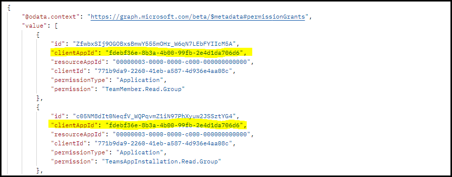 Capture d’écran montrant la réponse de l’Explorateur Graph à l’appel GET pour les autorisations RSC de l’équipe.