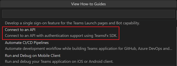 Capture d’écran montrant la sélection de l’option Se connecter à une API dans la liste Afficher les guides pratiques.