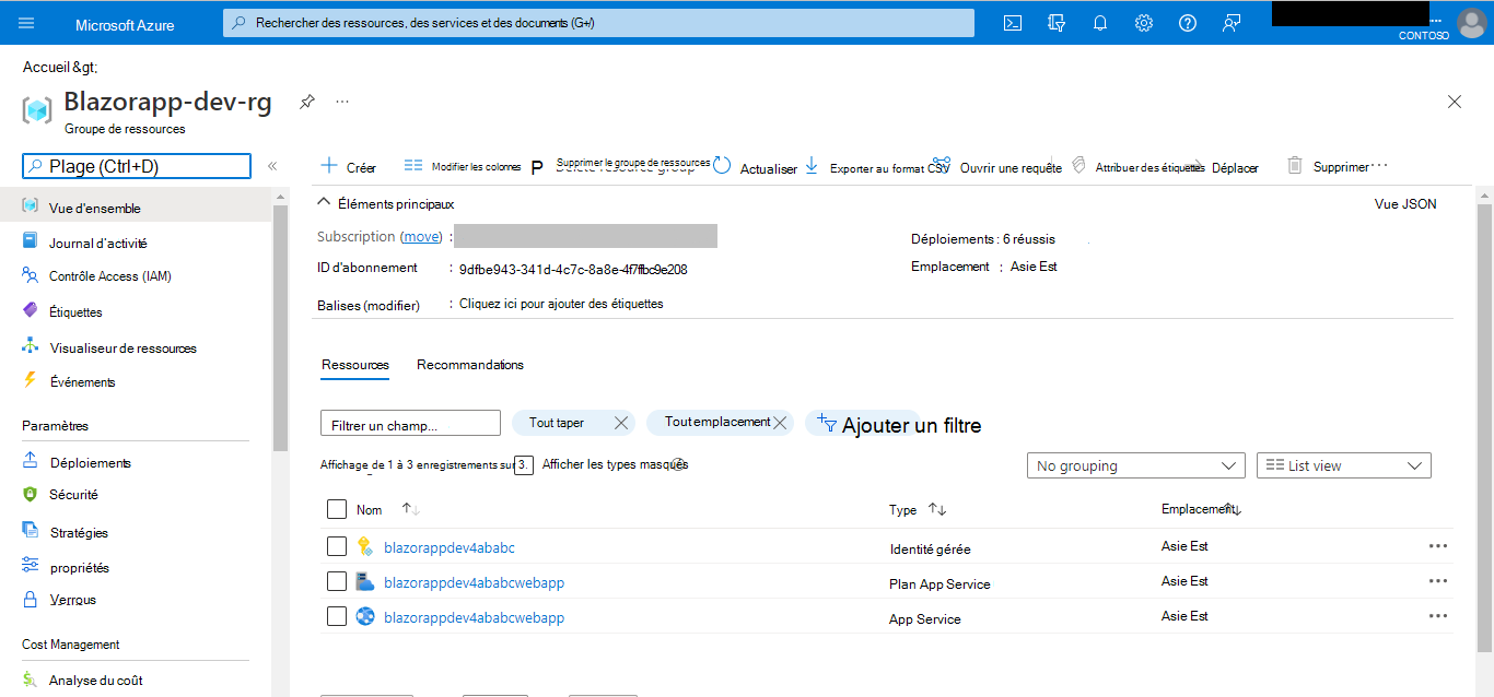 Capture d’écran montrant votre application Blazor affichant les ressources approvisionnées dans le Portail Azure.