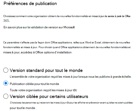 La capture d’écran est un exemple montrant l’Centre d’administration Microsoft 365 menu « Préférences de mise en production » avec l’option Mise en production ciblée sélectionnée.