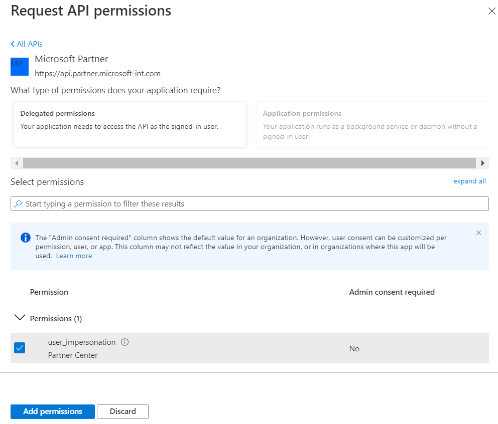 Capture d’écran montrant l’écran Autorisations de l’API avec Microsoft Partner sélectionné.