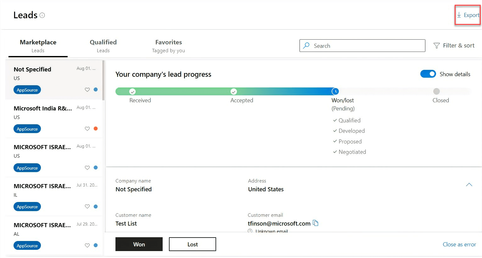 Capture d’écran de l’écran Prospects dans l’Espace partenaires avec le bouton Exporter mis en surbrillance.