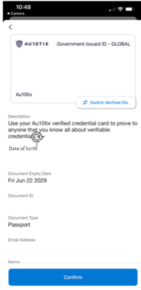 Capture d’écran montrant la page Microsoft Authenticator sur un appareil mobile, avec un aperçu de la carte d’IDENTIFICATION et d’autres informations sur les informations d’identification.