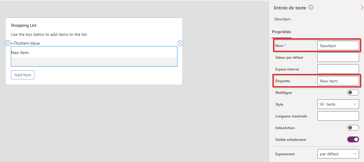 Capture d’écran des noms de variables saisis dans les propriétés Name et Étiquette d’une zone de saisie de texte.