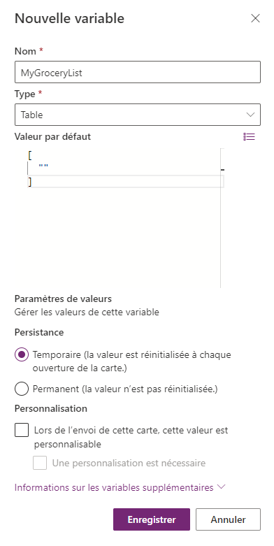 Capture d’écran du volet des propriétés de la variable MyGroceryList.