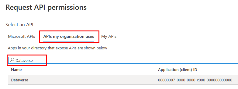 rechercher Dataverse dans les API utilisées par mon organisation