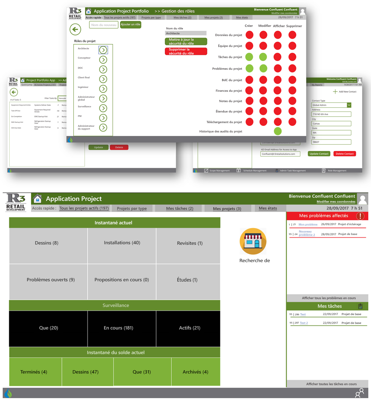 Capture d’écran de l’écran de gestion des rôles R3 et du tableau de bord des statistiques clés.