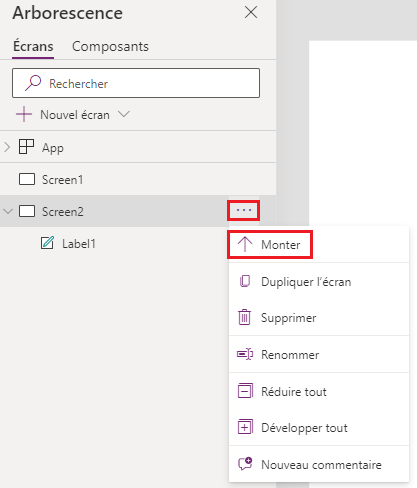 Capture d’écran montrant comment réorganiser vos écrans dans l’arborescence via le menu déroulant d’un écran.