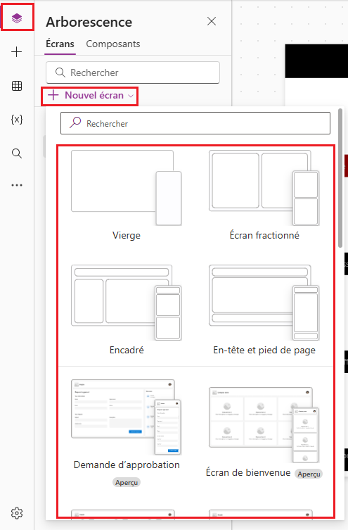 Capture d’écran du menu Nouvel écran dans Power Apps Studio affichant les dispositions disponibles.