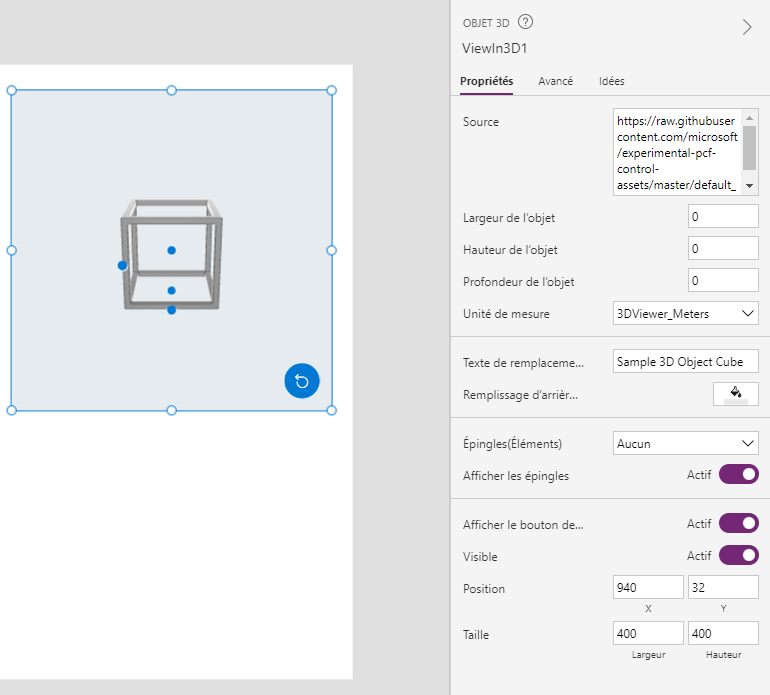 Un contrôle de contenu 3D affiché à côté de l’onglet des propriétés dans Power Apps Studio .