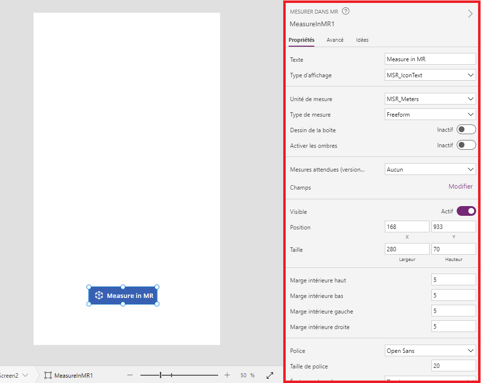 Une capture d’écran d’un bouton Caméra de mesure en construction dans Microsoft Power Apps Studio, affiché avec sa propriété.