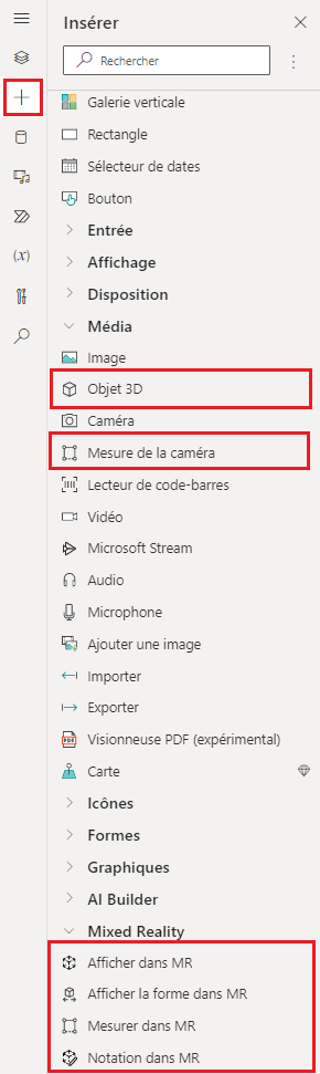 Capture d’écran du volet Insertion dans Microsoft Power Apps Studio.