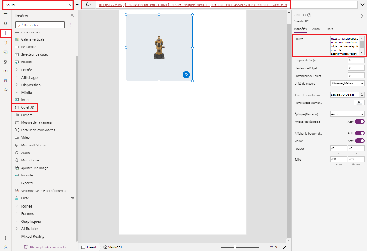 Une capture d’écran d’un contrôle Objet 3D en construction dans Microsoft Power Apps Studio, affiché avec sa propriété Source.