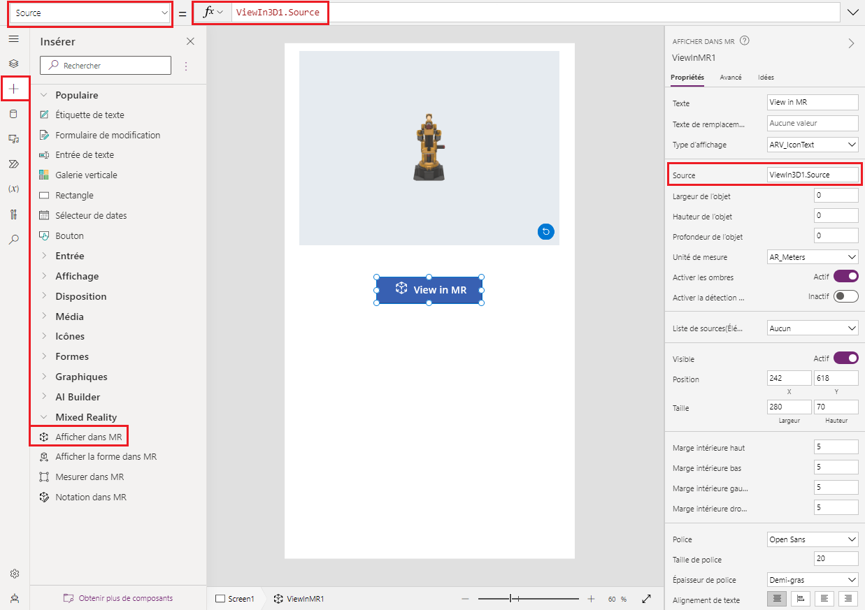 Une capture d’écran d’un contrôle Afficher en RM en construction dans Microsoft Power Apps Studio, affiché avec sa propriété Source.