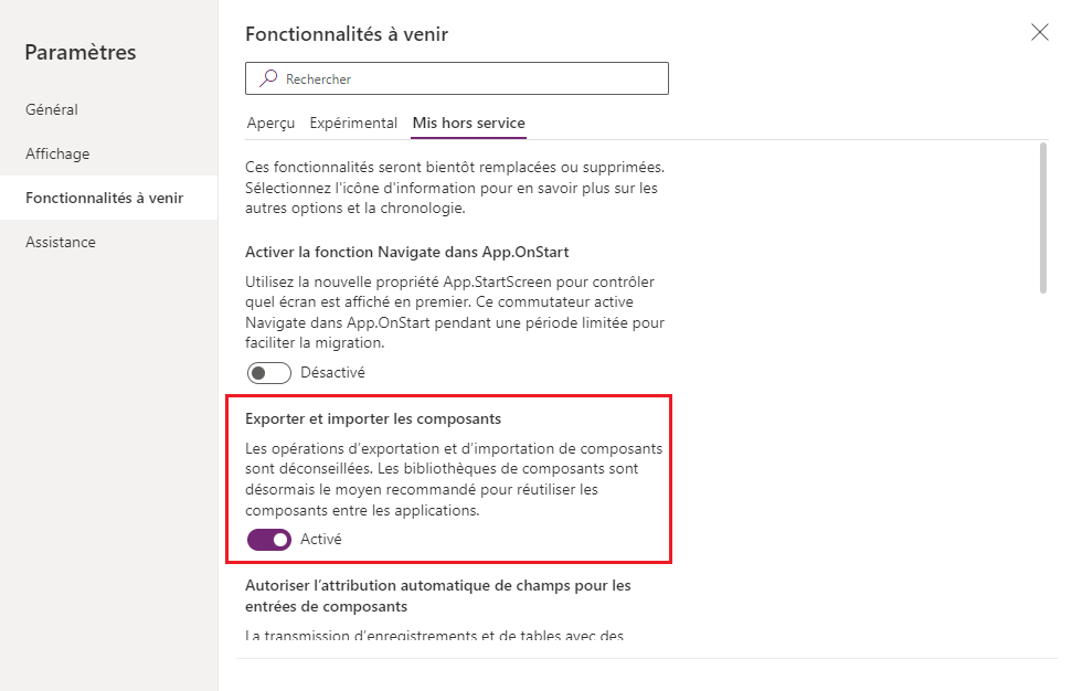 Activer l’exportation et l’importation des composants.