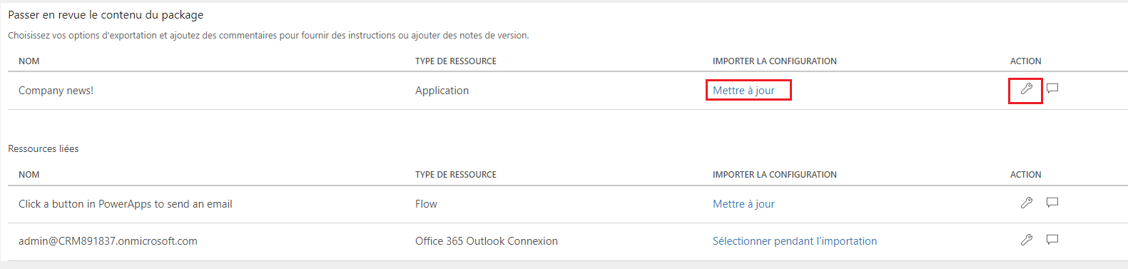 Configurer l’action du contenu du package.