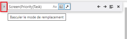 L’icône Basculer le mode de remplacement sur le côté gauche du contrôle Find and Replace, avant les zones de saisie de texte