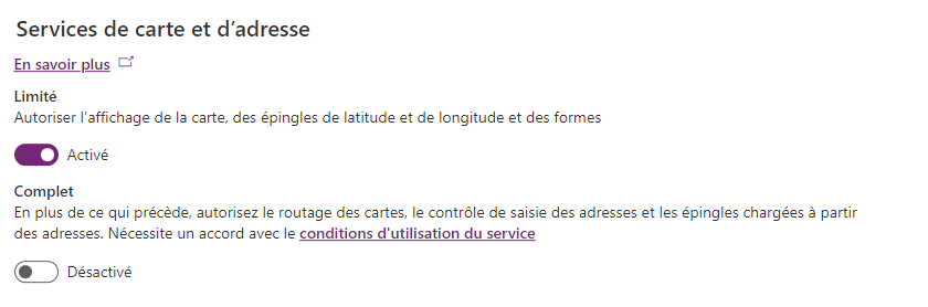 Une capture d’écran du centre d’administration Power Platform, avec les paramètres de basculement par défaut de prise en charge limitée et complète en vue. La bascule Limitée est activée et la bascule Complète est désactivée.