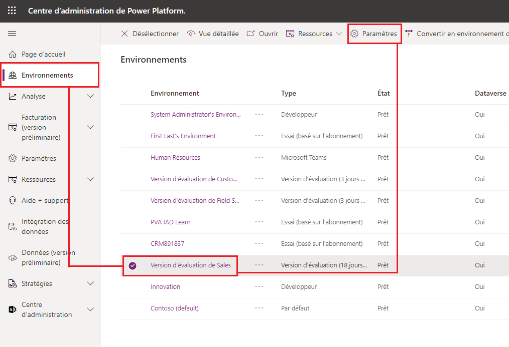 Capture d’écran du Centre d’administration Power Platform avec un environnements sélectionné.