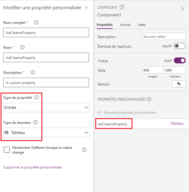 Personnalisez la propriété d’entrée, type de données Table attendu.