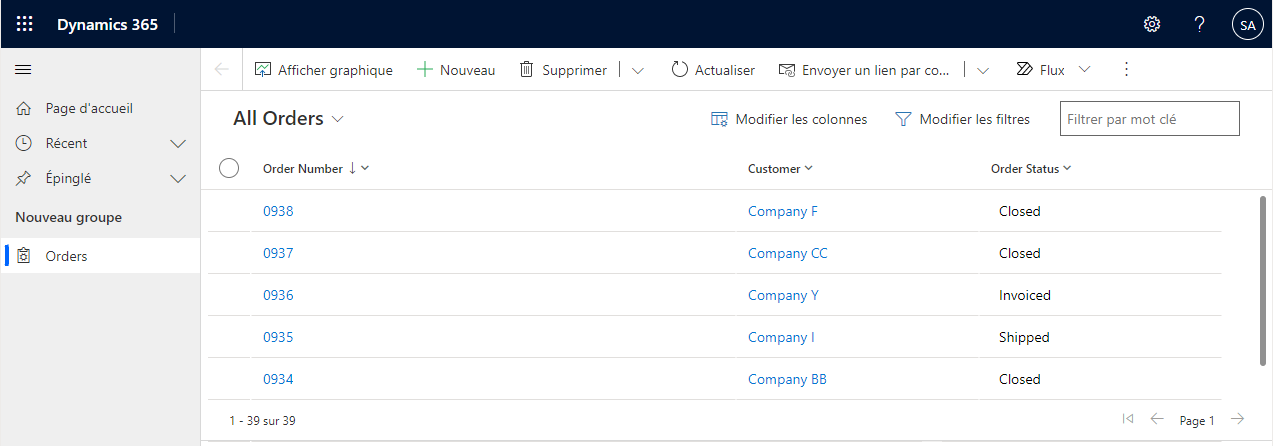 liste des commandes dans l’application pilotée par modèle Northwind.