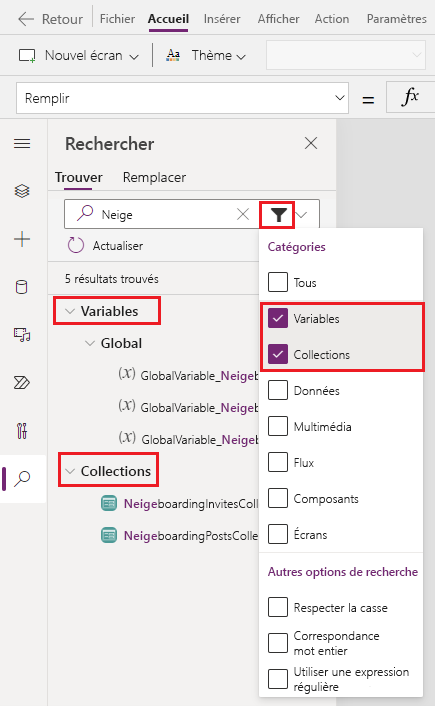 Option de filtre sélectionnée dans le volet Rechercher.