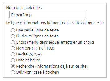 Configurer la colonne de recherche.