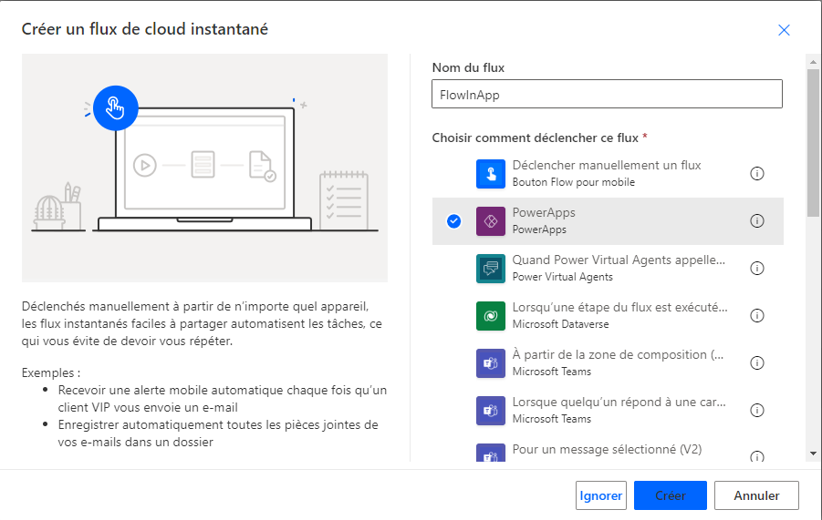 Capture d’écran montrant l’option de flux qui vous permet de choisir comment déclencher un flux Power Apps.