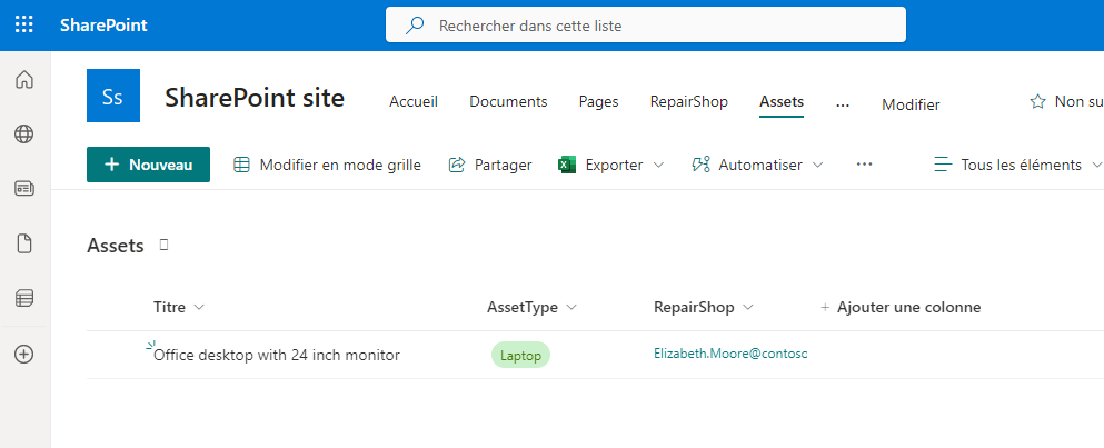 Capture d’écran montrant les actifs créés dans SharePoint.