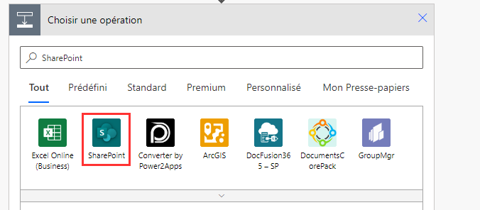 Capture d’écran montrant où vous pouvez rechercher ou choisir un connecteur SharePoint lorsque vous choisissez une opération.