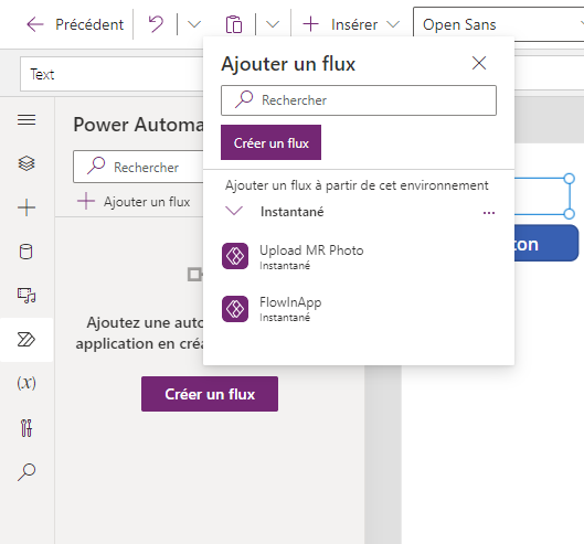 Capture d’écran montrant le bouton Power Automate dans le volet de gauche avec la boîte de dialogue Ajouter un flux ouverte, montrant le flux FlowInApp disponible pour l’ajout à l’application.