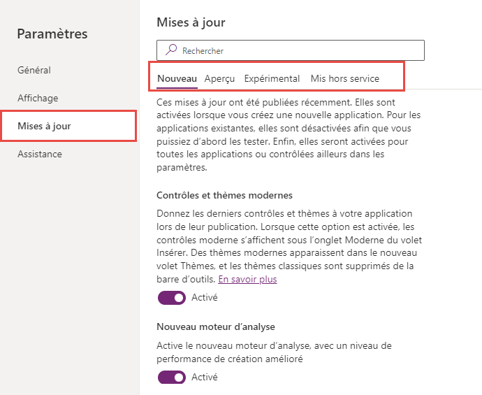 Paramètres pour les applications canevas.