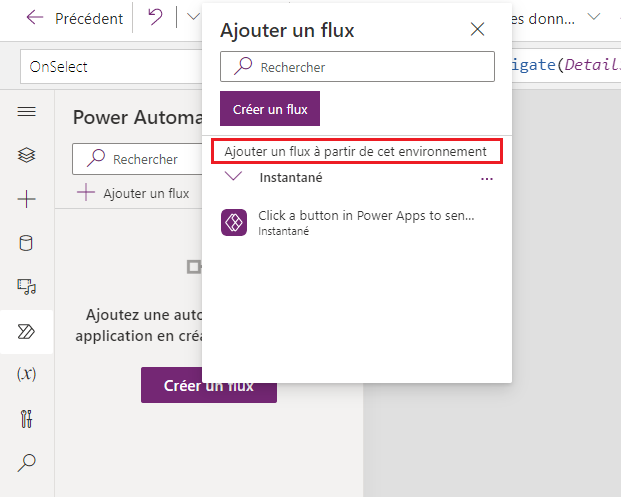 Capture d’écran montrant l’option permettant d’ajouter des flux existants à partir de l’environnement actuel.