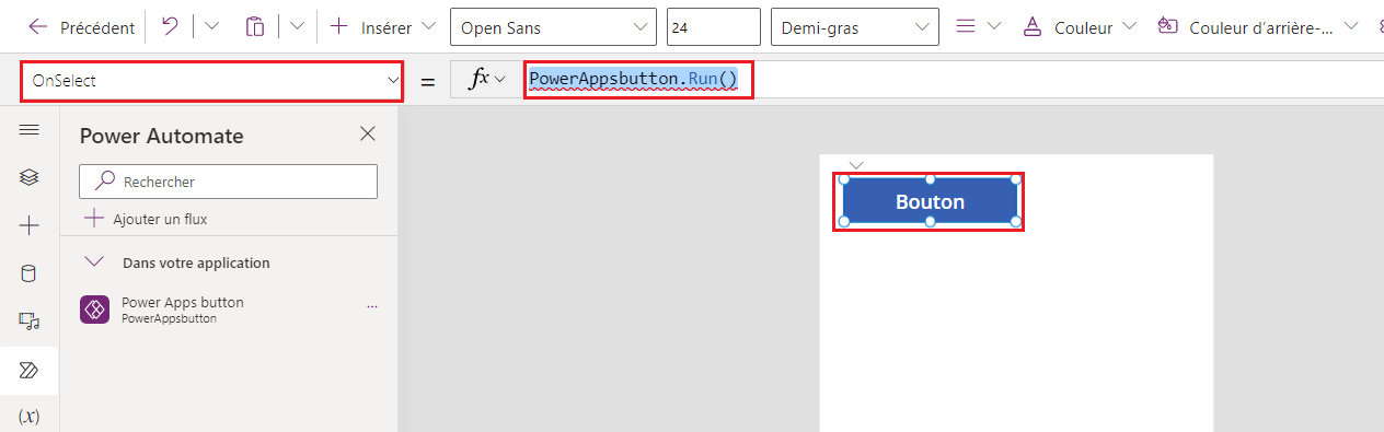 Capture d’écran montrant un flux ajouté à la propriété OnSelect du bouton avec une formule.