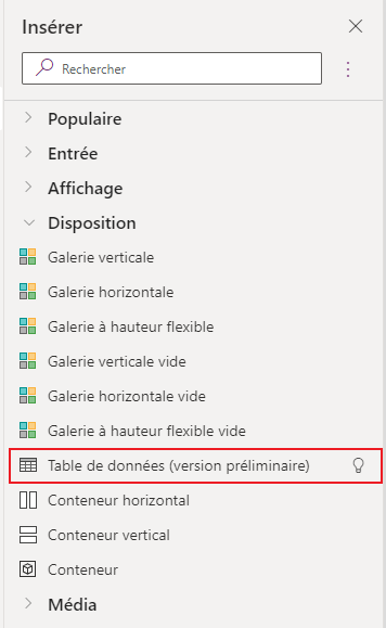 Sélectionner une table de données.