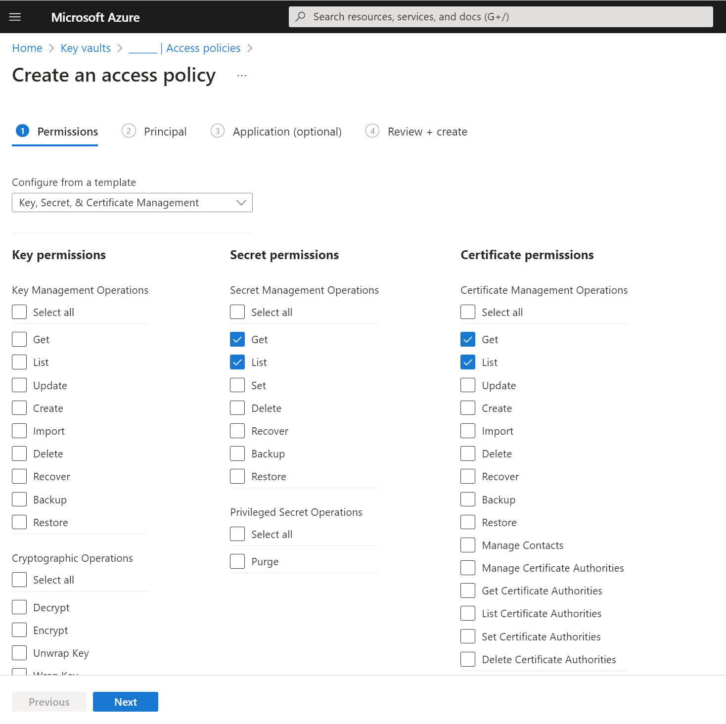 Stratégies d’accès requises : Obtenir, Répertorier pour les autorisations de secret et de certificat.