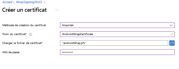 Créez un certificat pour Android.