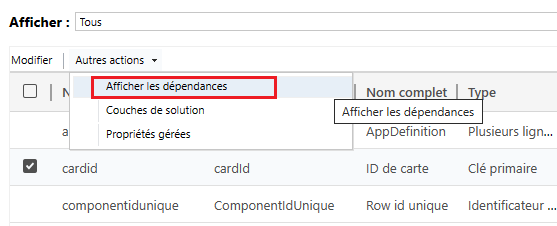 Afficher les dépendances de la colonne.