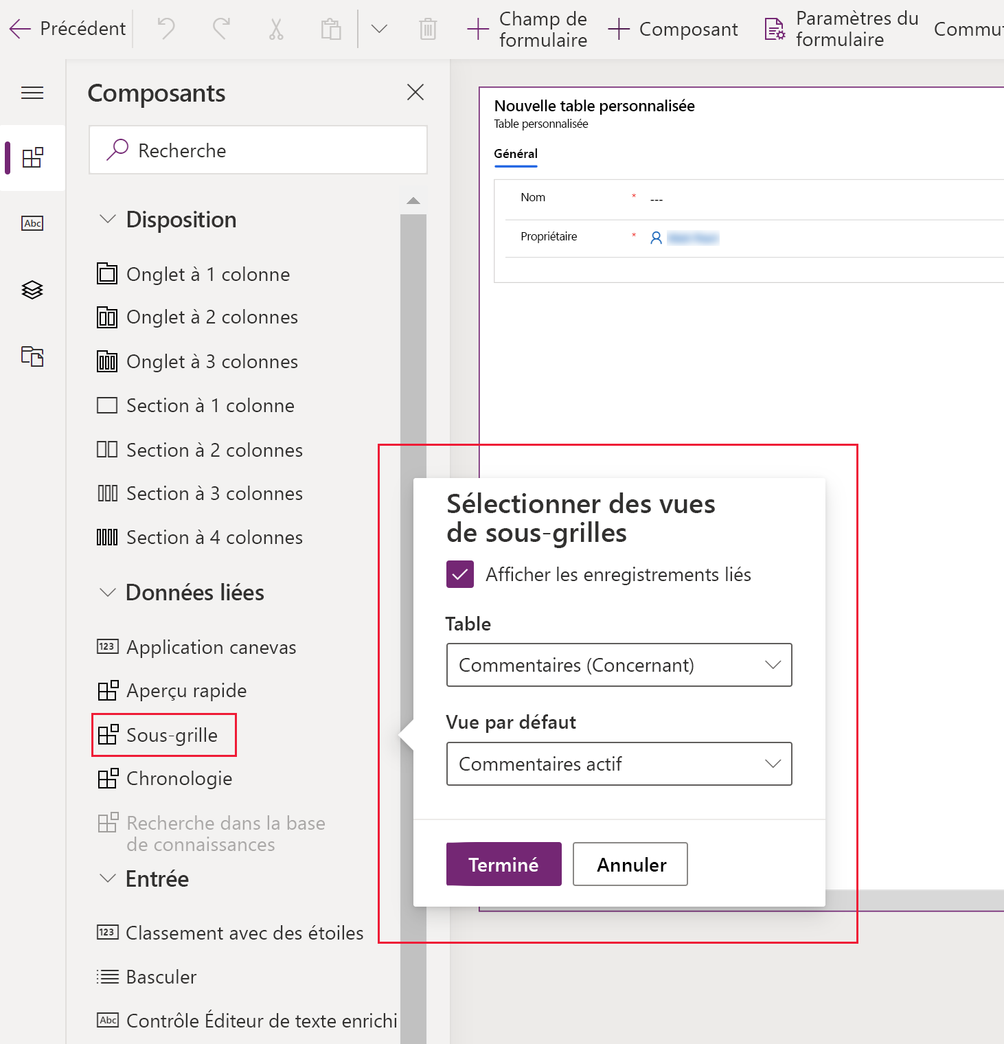 Configurer la sous-grille pour les enregistrements de commentaires