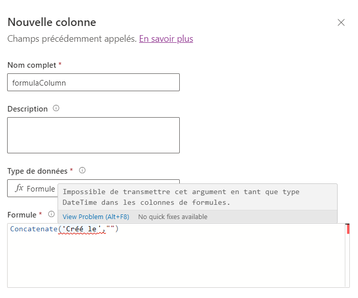 Colonne de formule avec paramètre de date et d’heure non pris en charge transmis dans la formule