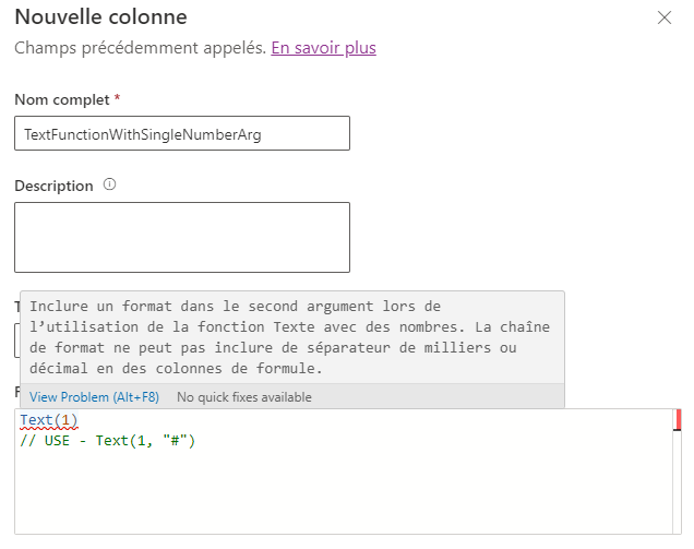 Colonne de formule avec fonction de texte non prise en charge avec un argument numérique