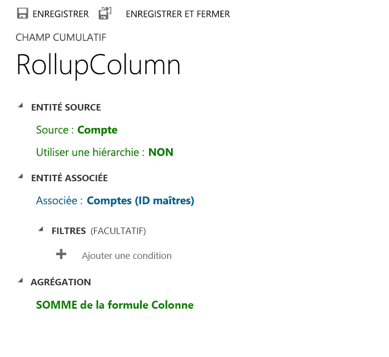 Exemple de configuration de colonne de cumul