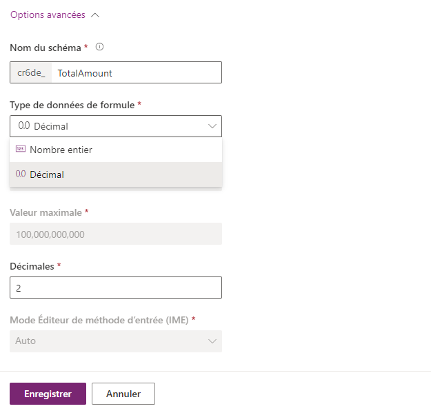 Capture d’écran d’une formule décimale définition de colonne.