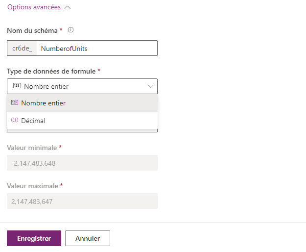 Capture d’écran d’une formule de nombre entier définition de colonne utilisant 