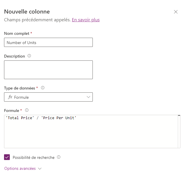 Capture d’écran d’un volet Créer une nouvelle colonne de formule à utiliser avec un nombre entier.