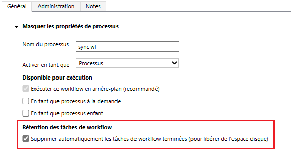 Option permettant de conserver les journaux pour les workflows ayant échoué.