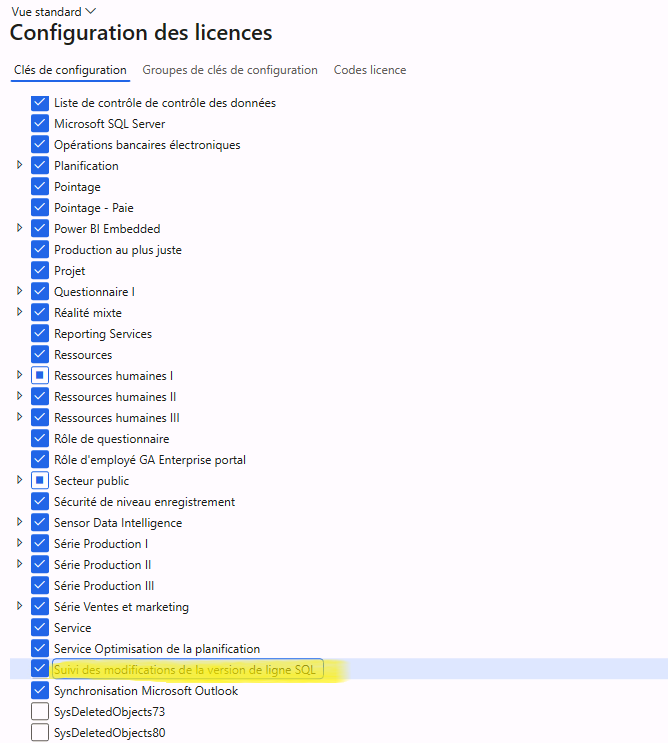 Capture d’écran montrant la clé de configuration de suivi des modifications de la version de la ligne Sql activée.