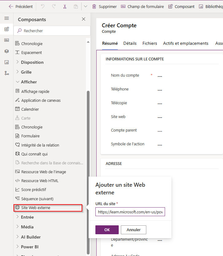 Ajouter un site Web externe à un formulaire principal en sélectionnant Site Web externe.