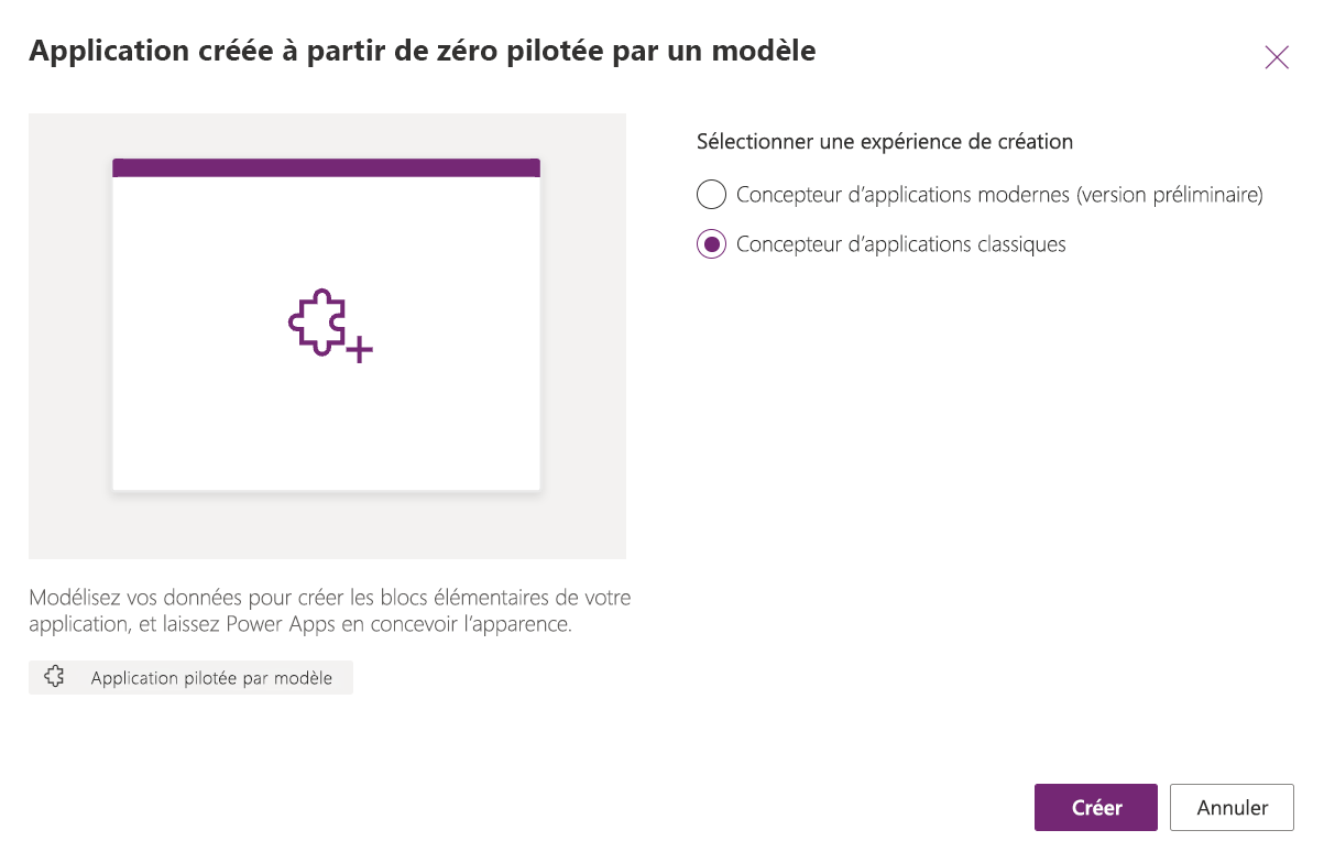 Sélectionner Application vierge, puis Créer en dessous de Application vierge basée sur Dataverse